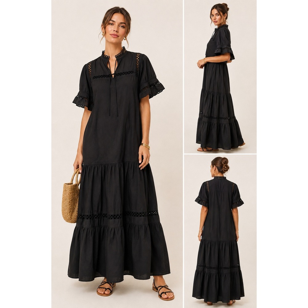 LaRoque Original Black Tiered Maxi Dress Cotton Eyelet Crochet Trim Size M